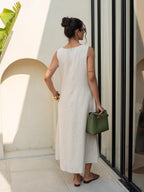 V Neck White Linen Wrap Dress: Cap Sleeve, Frill Detail