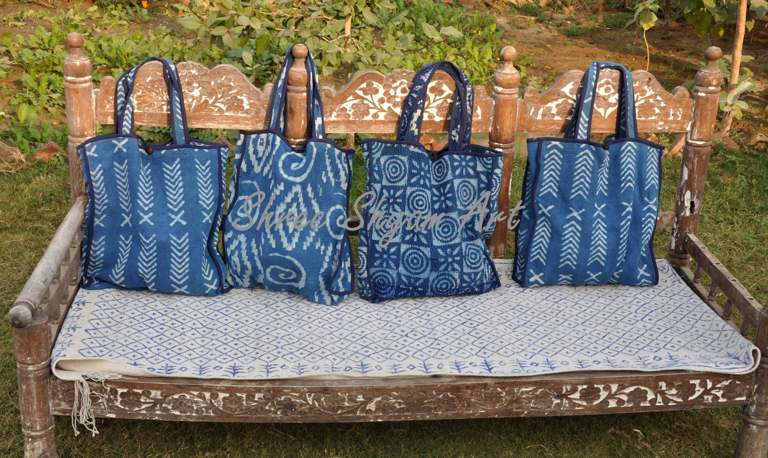 Indigo kantha tote bags